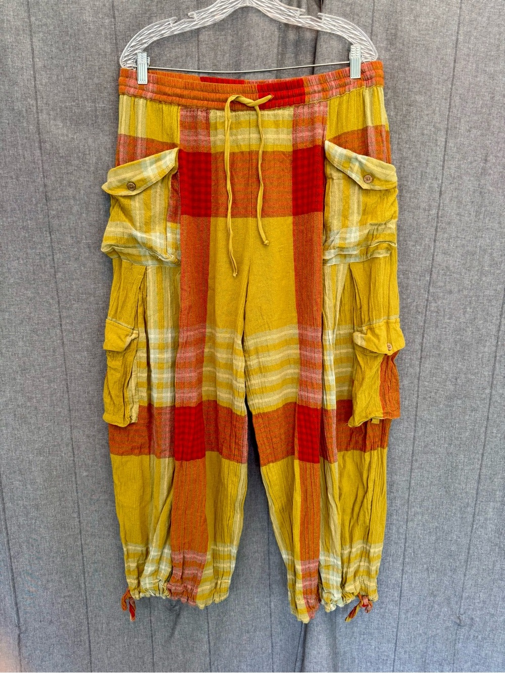 Free People Womens Plaid Cargo Wide Leg Pants Yellow Orange Cotton Gauze L